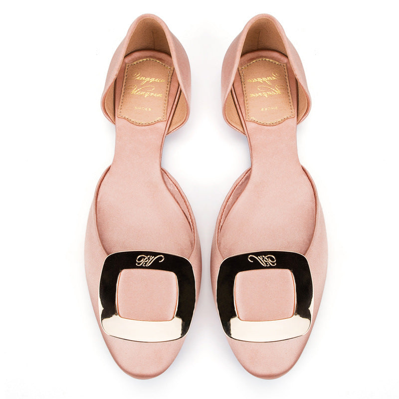 Round Toe Square Buckle Solid Satin Flats