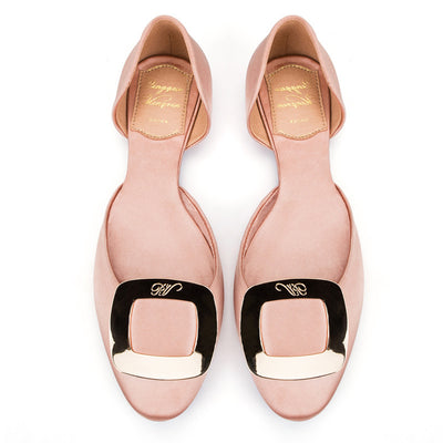 Round Toe Square Buckle Solid Satin Flats