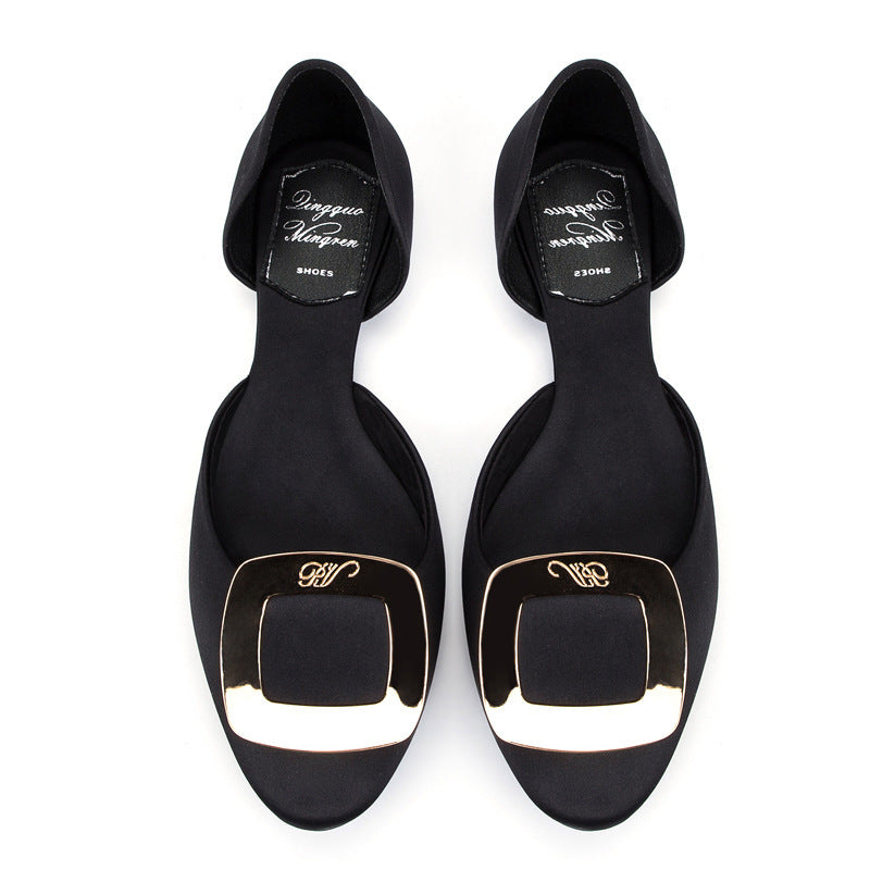 Round Toe Square Buckle Solid Satin Flats