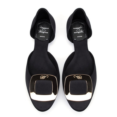 Round Toe Square Buckle Solid Satin Flats