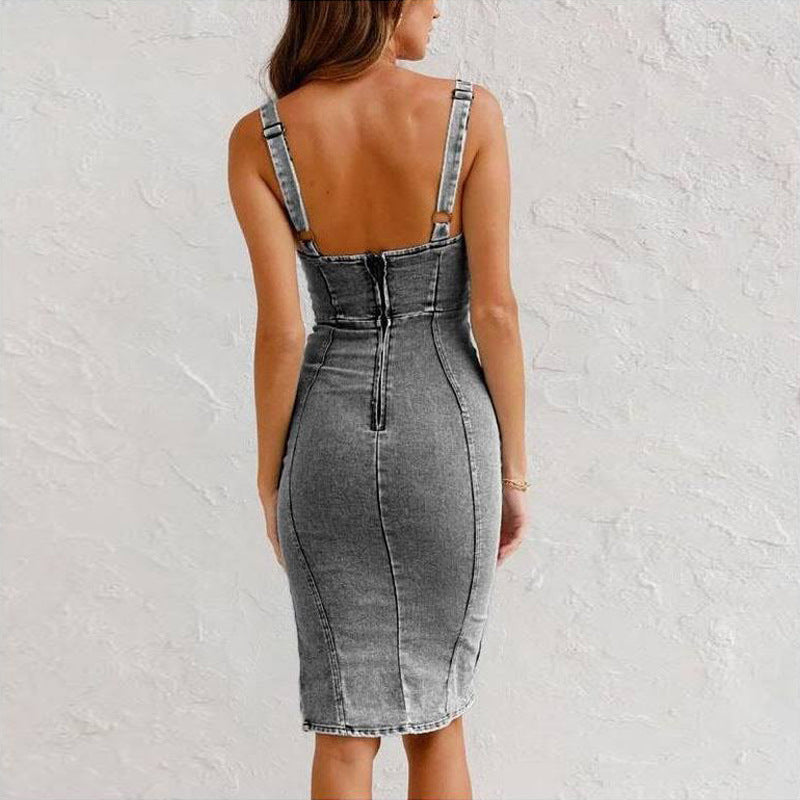 Velasca U-Neck Denim Slit Dress