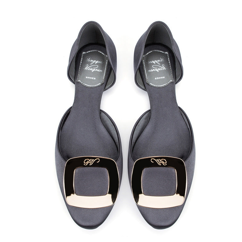 Round Toe Square Buckle Solid Satin Flats