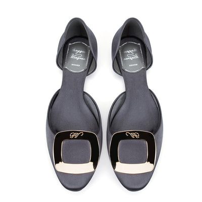 Round Toe Square Buckle Solid Satin Flats