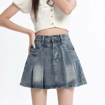 Vionnet Retro Pleated Denim Skirt