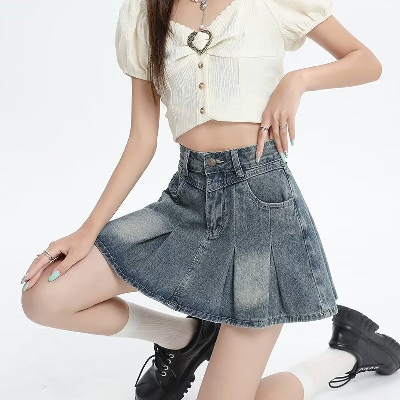Vionnet Retro Pleated Denim Skirt