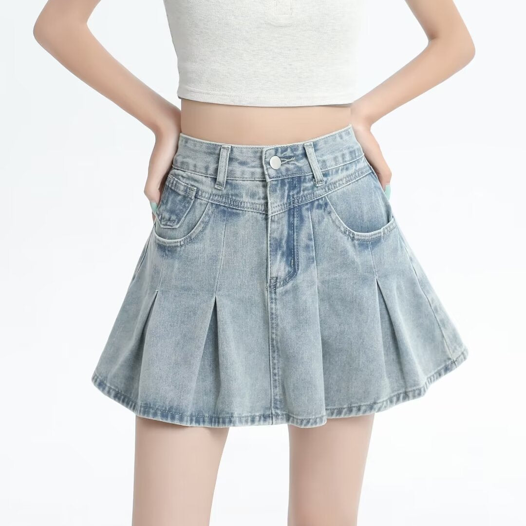 Vionnet Retro Pleated Denim Skirt