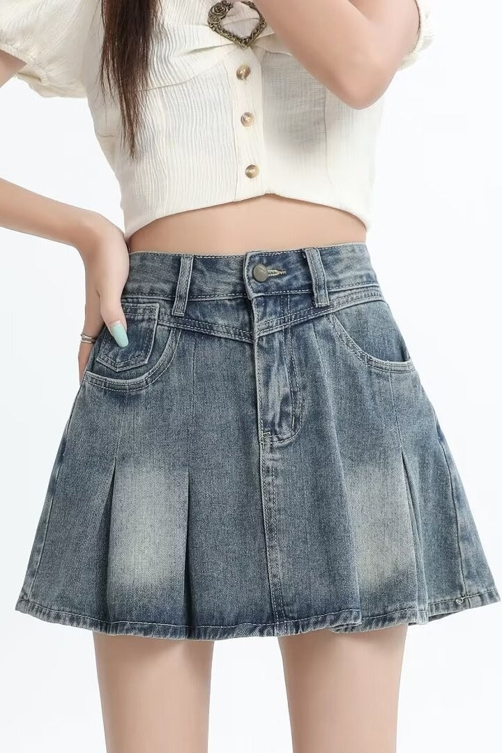 Vionnet Retro Pleated Denim Skirt