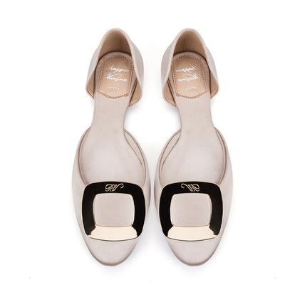 Round Toe Square Buckle Solid Satin Flats
