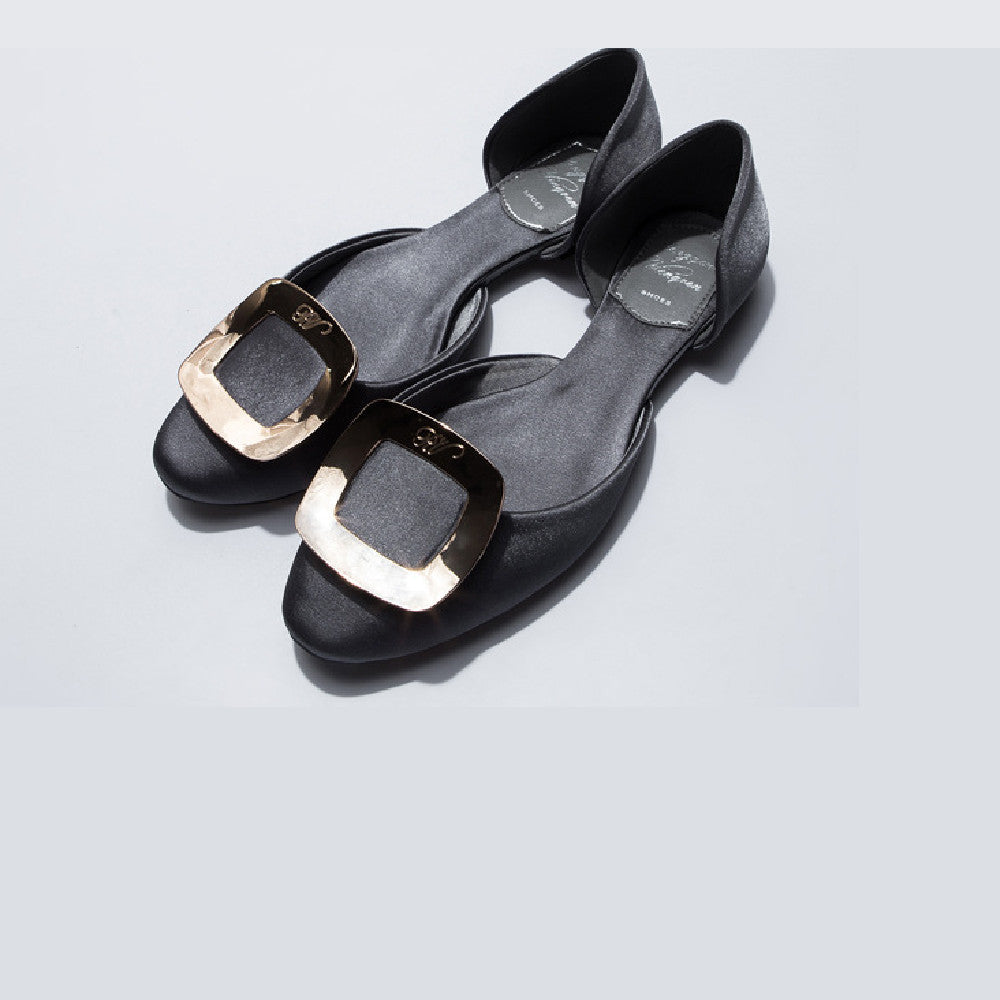 Round Toe Square Buckle Solid Satin Flats