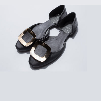 Round Toe Square Buckle Solid Satin Flats